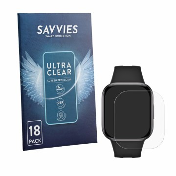 Face avant d’un emballage produit avec le logo de la marque Savvies. À côté, l’appareil Xiaomi Redmi Watch 6 Active est représ