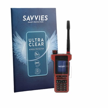 Face avant d’un emballage produit avec le logo de la marque Savvies. À côté, l’appareil Motorola MTP8550Ex est représenté avec