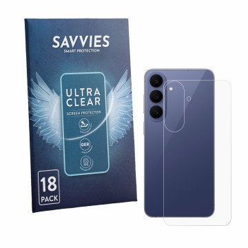 Parte frontal de un envase de producto con el logotipo de la marca Savvies. Al lado se muestra el dispositivo Samsung Galaxy S