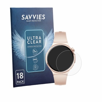 Vorderseite einer Produktverpackung mit dem Markenlogo Savvies. Daneben ist das Gerät Huawei Watch 6 42 mm mit dem zugehörigen
