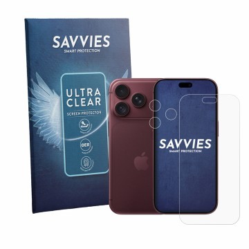 Parte frontale di una confezione del prodotto con il logo del marchio Savvies. Accanto è raffigurato il dispositivo Apple iPho