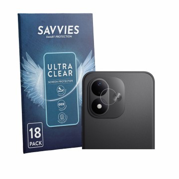 Face avant d’un emballage produit avec le logo de la marque Savvies. À côté, l’appareil Xiaomi Redmi Note 17 5G (Caméra UNIQUE