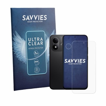 Face avant d’un emballage produit avec le logo de la marque Savvies. À côté, l’appareil Xiaomi Redmi Note 17 5G (Avant+Caméra)