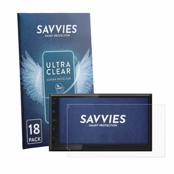 Parte frontal de un envase de producto con el logotipo de la marca Savvies. Al lado se muestra el dispositivo JVC KW-593BT con
