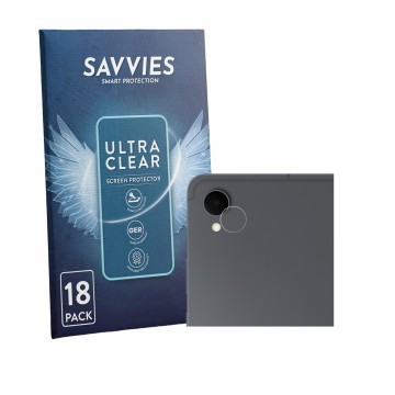 Vorderseite einer Produktverpackung mit dem Markenlogo Savvies. Daneben ist das Gerät Samsung Galaxy Tab S12 Plus (NUR Kameras