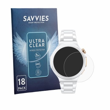 Vorderseite einer Produktverpackung mit dem Markenlogo Savvies. Daneben ist das Gerät Huawei Watch 6 Pro 43 mm mit dem zugehör