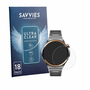 Vorderseite einer Produktverpackung mit dem Markenlogo Savvies. Daneben ist das Gerät Huawei Watch 6 Pro 46 mm mit dem zugehör
