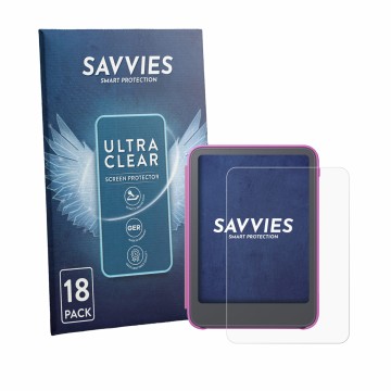 Parte frontal de un envase de producto con el logotipo de la marca Savvies. Al lado se muestra el dispositivo Amazon Kindle Ki