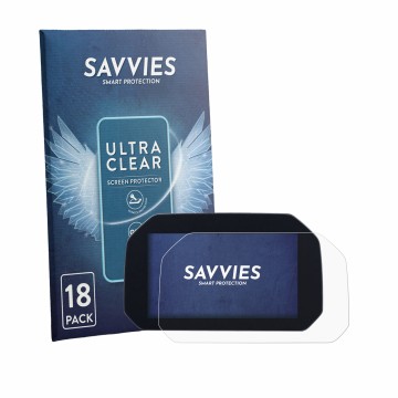 Parte frontal de un envase de producto con el logotipo de la marca Savvies. Al lado se muestra el dispositivo BMW F 450 R TFT-