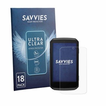 Vorderseite einer Produktverpackung mit dem Markenlogo Savvies. Daneben ist das Gerät Garmin Edge 1060 mit dem zugehörigen Dis