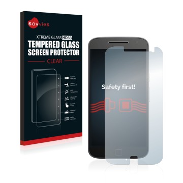 Vorderseite einer Produktverpackung mit dem Markenlogo Savvies. Daneben ist das Gerät Motorola Moto G4 Plus mit dem zugehörige