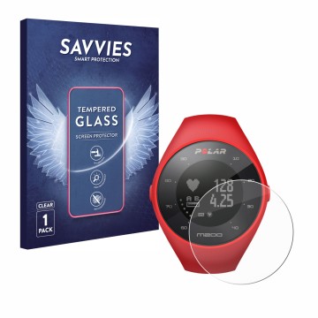 Front side of a product packaging with the brand logo Savvies. Next to it is the device Polar M200 shown with the correspondin