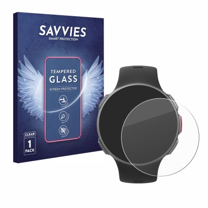 Face avant d’un emballage produit avec le logo de la marque Savvies. À côté, l’appareil Polar Vantage V est représenté avec la