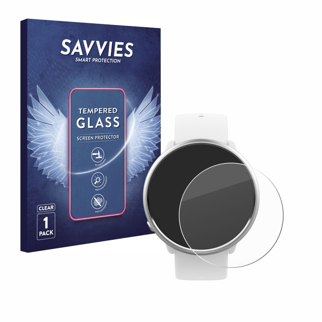 Vorderseite einer Produktverpackung mit dem Markenlogo Savvies. Daneben ist das Gerät Polar Ignite mit dem zugehörigen Display