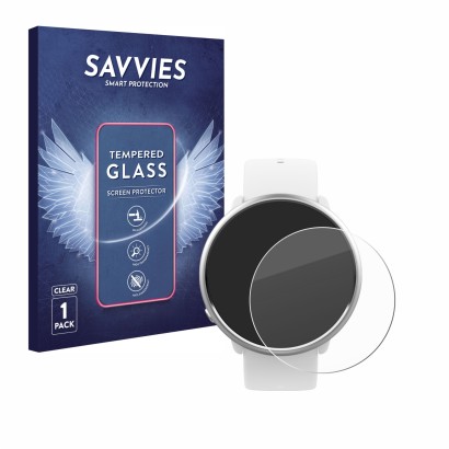 Vorderseite einer Produktverpackung mit dem Markenlogo Savvies. Daneben ist das Gerät Polar Ignite mit dem zugehörigen Display