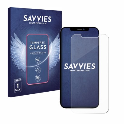 Front side of a product packaging with the brand logo Savvies. Next to it is the device Apple iPhone 12 Pro Max shown with the