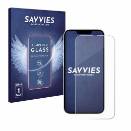 Face avant d’un emballage produit avec le logo de la marque Savvies. À côté, l’appareil Apple iPhone 13 est représenté avec la