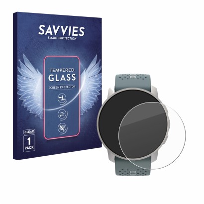 Vorderseite einer Produktverpackung mit dem Markenlogo Savvies. Daneben ist das Gerät Suunto 9 Peak mit dem zugehörigen Displa