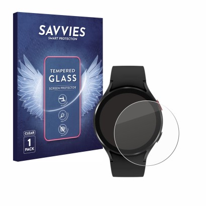 Front side of a product packaging with the brand logo Savvies. Next to it is the device Samsung Galaxy Watch 4 (44mm) shown wi