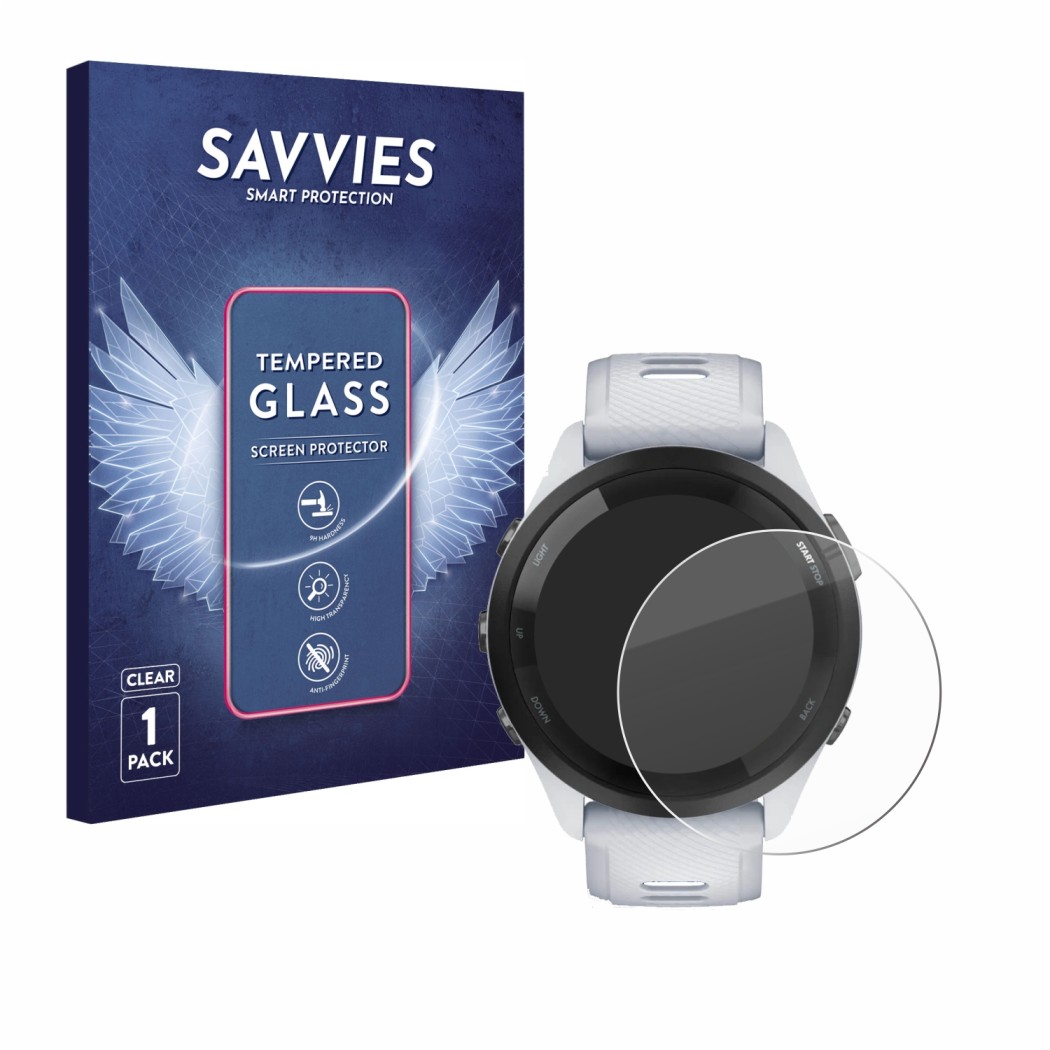 Face avant d’un emballage produit avec le logo de la marque Savvies. À côté, l’appareil Garmin Forerunner 265 (46 mm) est repr