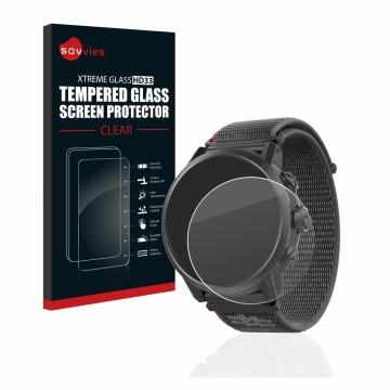 Front side of a product packaging with the brand logo Savvies. Next to it is the device Coros Apex 2 shown with the correspond