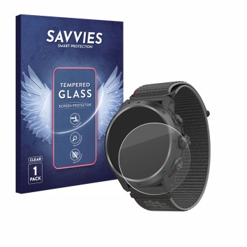 Front side of a product packaging with the brand logo Savvies. Next to it is the device Coros Apex 2 Pro shown with the corres