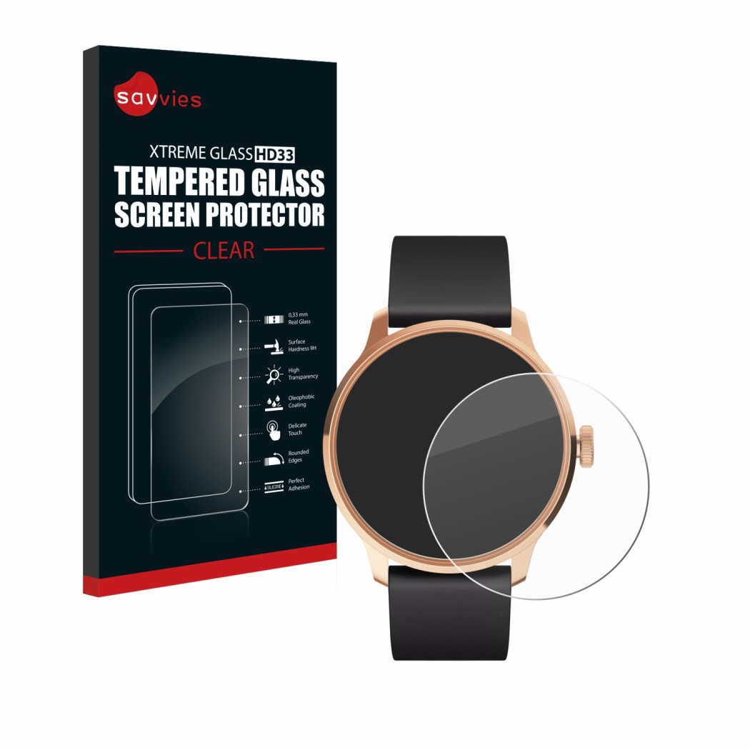 Vorderseite einer Produktverpackung mit dem Markenlogo Savvies. Daneben ist das Gerät Withings ScanWatch Light mit dem zugehör