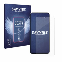 Face avant d’un emballage produit avec le logo de la marque Savvies. À côté, l’appareil Samsung Galaxy S24 Plus est représenté