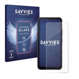 Face avant d’un emballage produit avec le logo de la marque Savvies. À côté, l’appareil Samsung Galaxy XCover 7 est représenté