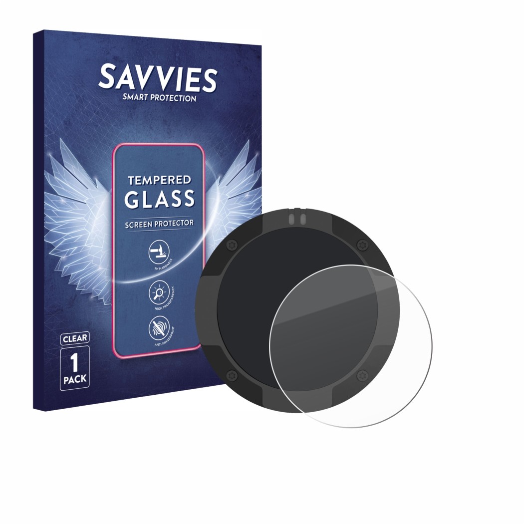 Face avant d’un emballage produit avec le logo de la marque Savvies. À côté, l’appareil Beeline Moto II est représenté avec la