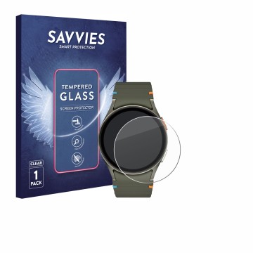 Face avant d’un emballage produit avec le logo de la marque Savvies. À côté, l’appareil Samsung Galaxy Watch 7 (40 mm) est rep