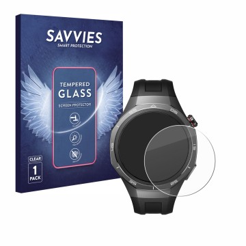 Parte frontal de un envase de producto con el logotipo de la marca Savvies. Al lado se muestra el dispositivo Huawei Watch GT 