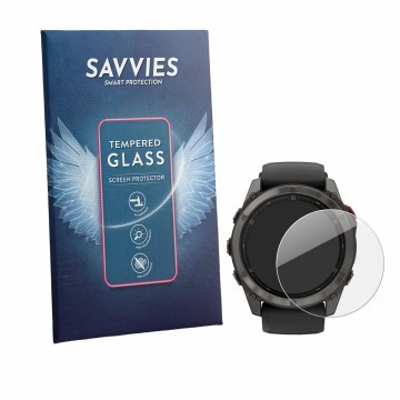 Vorderseite einer Produktverpackung mit dem Markenlogo Savvies. Daneben ist das Gerät Garmin Fenix 8 Pro AMOLED (47 mm) mit de
