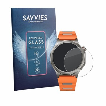 Vorderseite einer Produktverpackung mit dem Markenlogo Savvies. Daneben ist das Gerät Oppo Watch X3 mit dem zugehörigen Displa