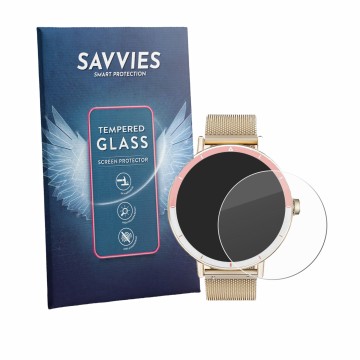 Front side of a product packaging with the brand logo Savvies. Next to it is the device Keeponfit Smartwatch 1.27