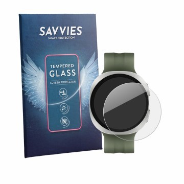 Vorderseite einer Produktverpackung mit dem Markenlogo Savvies. Daneben ist das Gerät Samsung Galaxy Watch 9 (40 mm) mit dem z