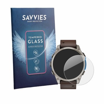 Vorderseite einer Produktverpackung mit dem Markenlogo Savvies. Daneben ist das Gerät Garmin D2 Mach 2 (47 mm) mit dem zugehör