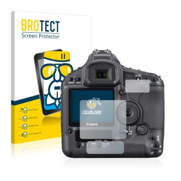 Face avant d’un emballage produit avec le logo de la marque BROTECT. À côté, l’appareil Canon EOS 1Ds Mark III est représenté 