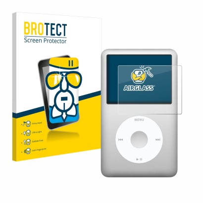 Front side of a product packaging with the brand logo BROTECT. Next to it is the device Apple iPod classic 160 GB (7th Gen.) s