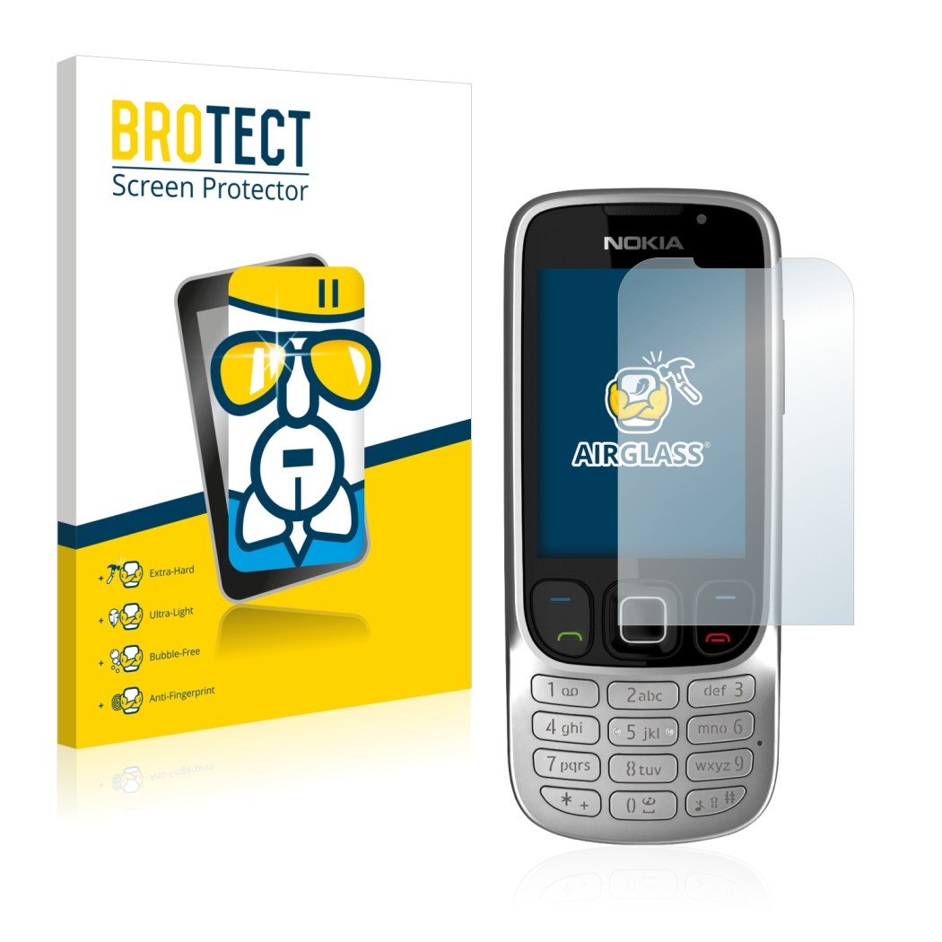 Front side of a product packaging with the brand logo BROTECT. Next to it is the device Nokia 6303i classic shown with the cor