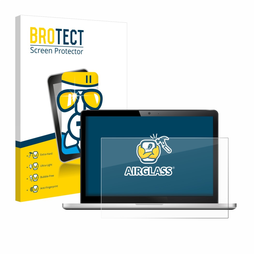 Parte frontal de un envase de producto con el logotipo de la marca BROTECT. Al lado se muestra el dispositivo con su protector