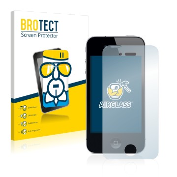 Vorderseite einer Produktverpackung mit dem Markenlogo BROTECT. Daneben ist das Gerät Apple iPhone 4 mit dem zugehörigen Displ