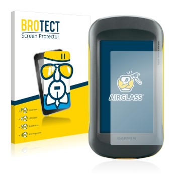 Front side of a product packaging with the brand logo BROTECT. Next to it is the device Garmin Montana 600 shown with the corr