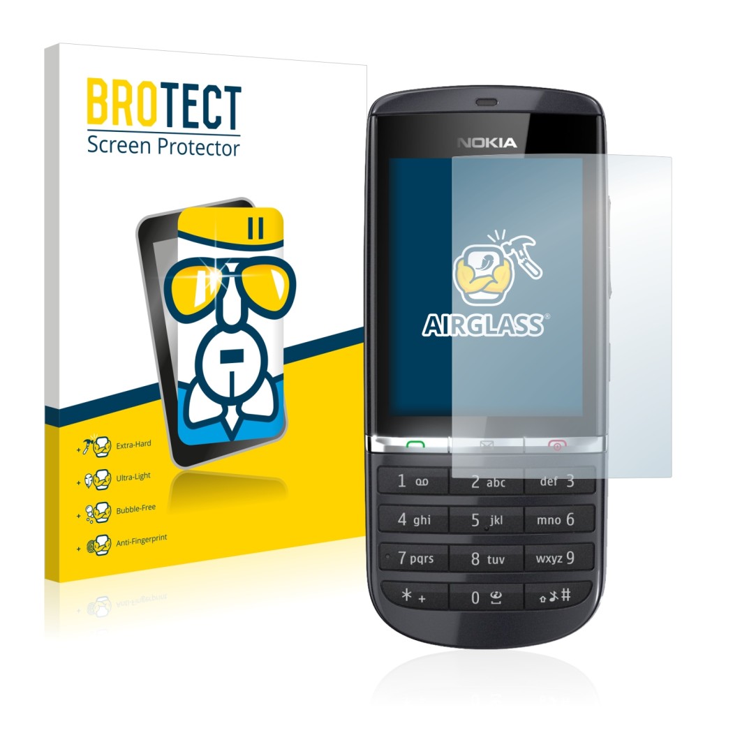 Face avant d’un emballage produit avec le logo de la marque BROTECT. À côté, l’appareil Nokia Asha 300 est représenté avec la 