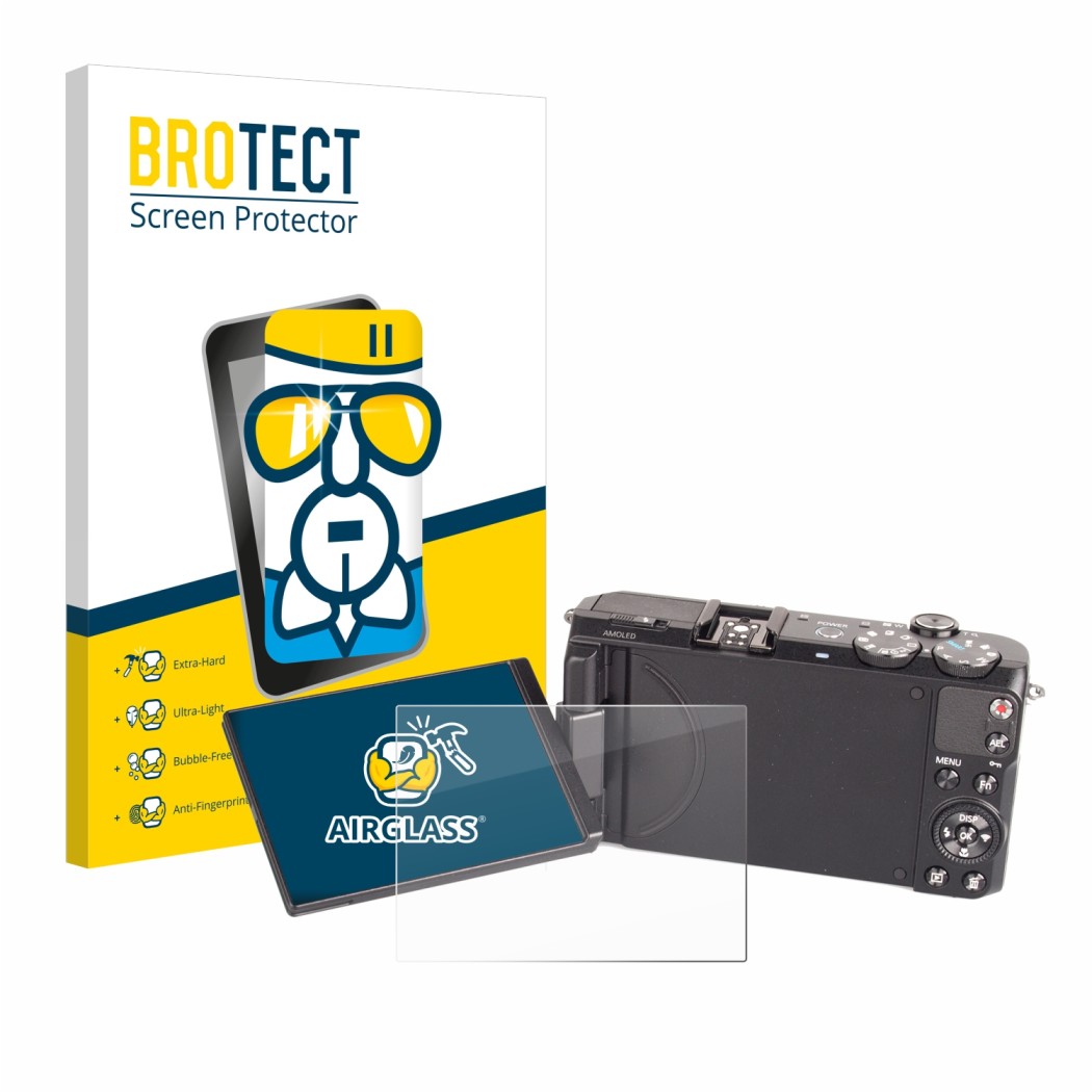 Parte frontal de un envase de producto con el logotipo de la marca BROTECT. Al lado se muestra el dispositivo Samsung EX2F con