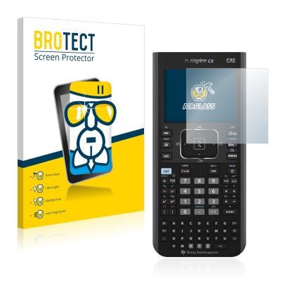 Front side of a product packaging with the brand logo BROTECT. Next to it is the device Texas Instruments Nspire CX CAS shown 