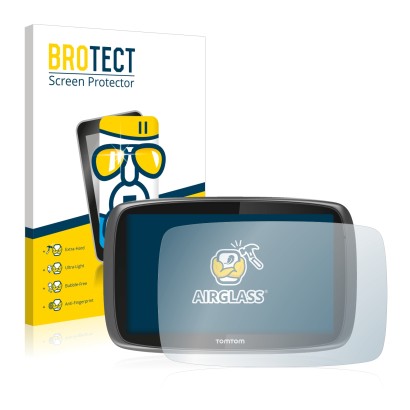 Front side of a product packaging with the brand logo BROTECT. Next to it is the device TomTom GO 600 shown with the correspon