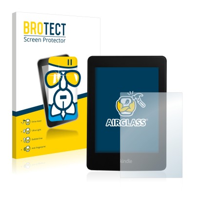 Front side of a product packaging with the brand logo BROTECT. Next to it is the device Amazon Kindle Paperwhite 2013 shown wi