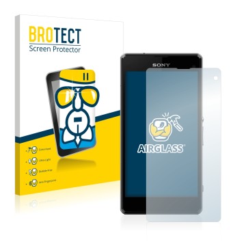 Front side of a product packaging with the brand logo BROTECT. Next to it is the device Sony Xperia Z1 Compact D5503 shown wit