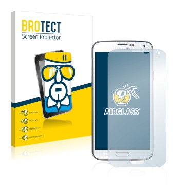 Vorderseite einer Produktverpackung mit dem Markenlogo BROTECT. Daneben ist das Gerät Samsung Galaxy S5 mit dem zugehörigen Di